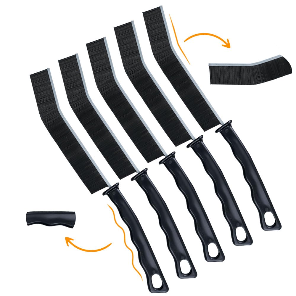 Set of three Precision Cleanin’ LLC hard bristle crevice brushes for cleaning grout, gaps, and tight spaces in kitchen and bathroom.