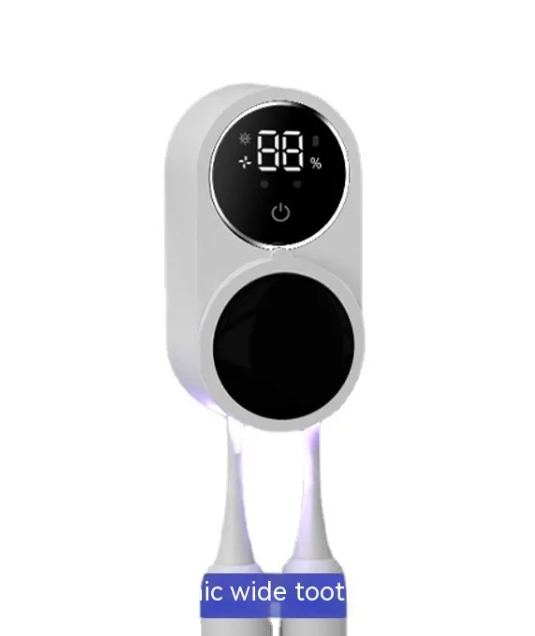 Precision Germ Guard toothbrush sanitizer in white with digital display and sleek design, disinfects toothbrushes effectively.