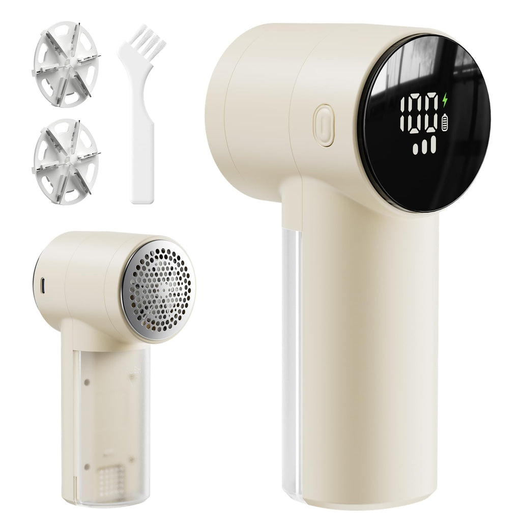 Rechargeable fabric shaver by Precision Cleanin’ LLC with digital display, 6-leaf blade, and 3-speed settings for removing lint and fuzz.